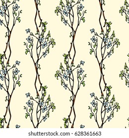 Vector seamless pattern with hand drawn spring blooming branches. Beautiful design elements, vintage colors.