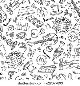 Vector seamless pattern with hand drawn isolated symbols of karaoke on white color. Pattern on the theme of music. Background for use in design, packing, fabric, web site, web page