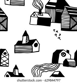 Vector seamless pattern with hand drawn stripped buildings. Colorful doodle background.
