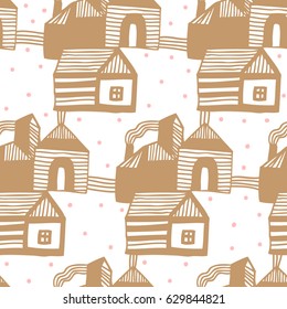 Vector seamless pattern with hand drawn stripped buildings. Colorful doodle background.