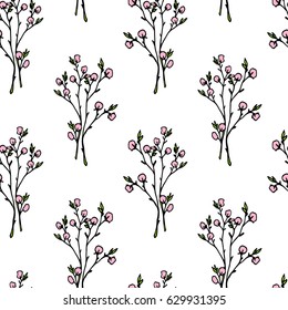 Vector seamless pattern with hand drawn spring blooming branches. Beautiful design elements, vintage colors.