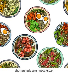 Vector seamless pattern with hand drawn asian noodle bowls. Beautiful food design elements, perfect for any business related to the food industry.