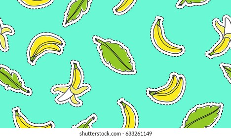 vector seamless pattern with hand drawn bananas and leaves stickers on violet background