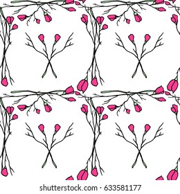 Vector seamless pattern with hand drawn spring blooming branches. Beautiful design elements, vintage colors.