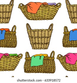 Vector seamless pattern with hand drawn wicker baskets. Ink drawing, graphic style. Beautiful household design elements.