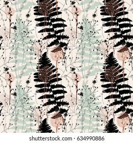 Vector seamless pattern  with hand drawn floral elements - chicory flowers, fern leaves, grasses and stylized flowers.