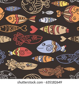 Vector seamless pattern with hand drawn funny fishes and waves in ethnic sketch style. Decorative scandinavian endless marine dark background. Fabric design. Eps-8