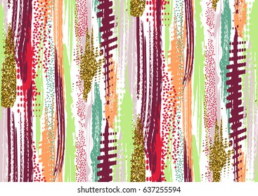 Vector seamless pattern with hand drawn gold glitter textured brush strokes and stripes hand painted. White, golden, pink, red, blue, green colors.