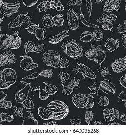 Vector seamless pattern of hand drawn fruits and vegetables. White illustrations on the dark blackboard