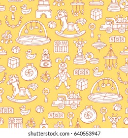 Vector seamless pattern with hand drawn isolated toys for boys and girls on yellow color. Pattern on the theme of games for children. Background for use in design