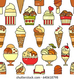 Vector seamless pattern of hand drawn colorful ice cream icon on white background. Dessert  flat design vector illustration.