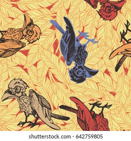 Vector seamless pattern with hand drawn vector doodle colored crow on background with feathers. Eps-8