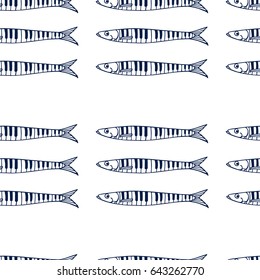 Vector seamless pattern with hand drawn sardines patterned in piano keys. Advertising, menu or packaging design elements.