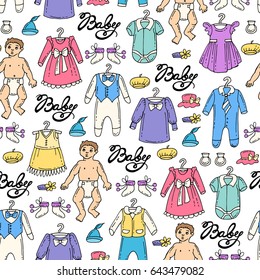 Vector seamless pattern with hand drawn colored clothes for little boys and girls. Pattern on the theme of fashion for children. Background for use in design