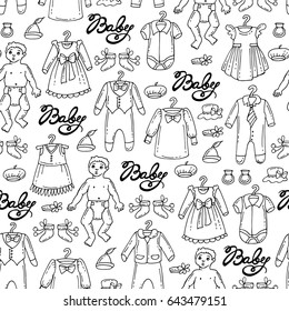 Vector seamless pattern with hand drawn isolated clothes for little boys and girls on white color. Pattern on the theme of fashion for children. Background for use in design