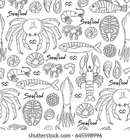 Vector seamless pattern with hand drawn isolated seafood on white color. Pattern on the theme of food. Background for use in design, packing, fabric, web site, web page