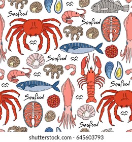 Vector seamless pattern with hand drawn colored seafood on white color. Pattern on the theme of food. Background for use in design, packing, fabric, web site, web page