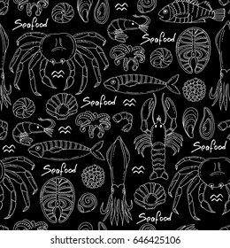 Vector seamless pattern with hand drawn isolated seafood on black color. Pattern on the theme of food. Background for use in design, packing, fabric, web site, web page