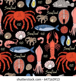 Vector seamless pattern with hand drawn colored seafood on black color. Pattern on the theme of food. Background for use in design, packing, fabric, web site, web page