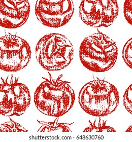 Vector seamless pattern with hand drawn ripe tomatoes. Vegetarian, healthy food illustration. Beautiful design elements.