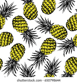 Vector seamless pattern with hand drawn pineapples. Beautiful design elements, charcoal drawing