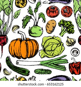 Vector seamless pattern with hand drawn ripe vegetables. Beautiful design elements, charcoal drawing
