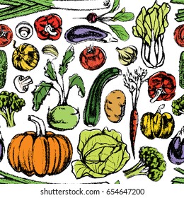 Vector seamless pattern with hand drawn ripe vegetables. Beautiful design elements, charcoal drawing