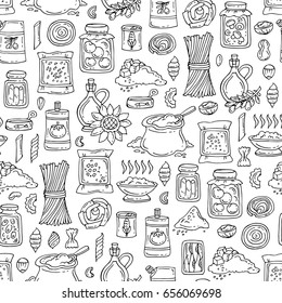 Vector seamless pattern with hand drawn food. Pattern on the theme of grocery on white color. Background for use in design