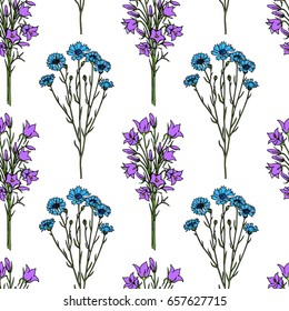 Vector seamless pattern with hand drawn bell flower and cornflower twigs. Beautiful ink drawing, vintage style.