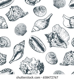 Vector seamless pattern with hand drawn outline various seashells. Sketch style black and white background with isolated shells. Summer design for fabric and fashion textile print.