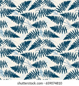 Vector seamless pattern with hand drawn floral elements -  wild fern leaves and stylized leaves and berries.