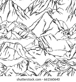 Vector seamless pattern with hand drawn mountain peaks. Ink drawing, graphic style. Perfect for travel, sport or spiritual designs.