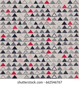 Vector seamless pattern. Hand drawn grayscale triangles with red patches.