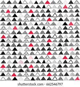 Vector seamless pattern. Hand drawn grayscale triangles with red patches on white background.