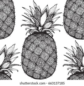 Vector seamless pattern with hand drawn graphic ornate pineapple fruits. Black and white endless vector background.