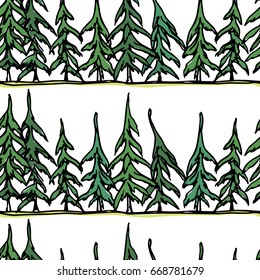 Vector seamless pattern with hand drawn forest landscape with spruce trees arranged in lines. Ink drawing, graphic style. Beautiful design elements.