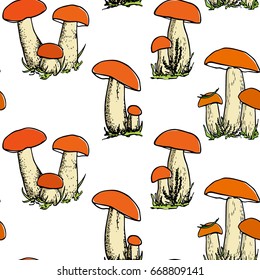 Vector seamless pattern with hand drawn wild mushrooms. Ink drawing, graphic style. Beautiful food design elements, perfect for prints and patterns.