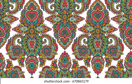 Vector seamless pattern with hand drawn henna mehndi floral elements. Beautiful colorful endless background in oriental indian style in bright colors.