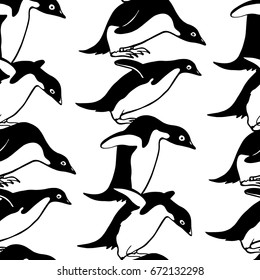 Vector seamless pattern with hand drawn cute penguins. Funny penguin characters, beautiful design elements.