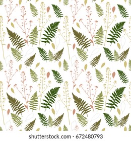 
Vector seamless pattern with hand drawn floral elements - fern leaves, shepherd's purse plant  and stylized leaves.