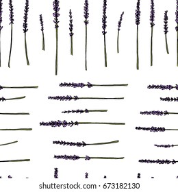 Vector seamless pattern with hand drawn lavender twigs. Delicate and romantic floral design elements. 