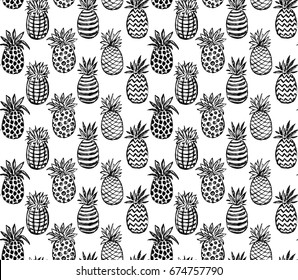 Vector seamless pattern with hand drawn graphic sketch pineapple fruits. Black and white endless vector background.