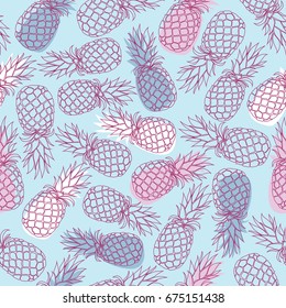 Vector seamless pattern with hand drawn pineapple fruits on blue background. Vector illustration is perfectly for fabric, textile, wrapping paper and other decoration design.