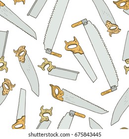 Vector seamless pattern with hand drawn handsaws used by carpenters. Beautiful design elements, perfect for any industry related to the woodworking.