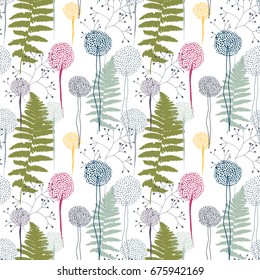 Vector seamless pattern with hand drawn floral elements -  fern leaves, stylized dandelions or dahlias and grasses. 
