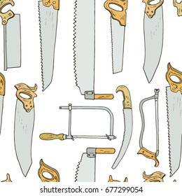 Vector seamless pattern with hand drawn handsaws used by carpenters. Beautiful design elements, perfect for any industry related to woodworking.