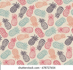 Vector seamless pattern with hand drawn graphic sketch pineapple fruits. Colorful endless vector background