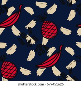 Vector seamless pattern with hand drawn bananas and pineapple. Fashion print. Memphis style.