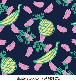 Vector seamless pattern with hand drawn bananas and pineapple. Fashion print. Memphis style.