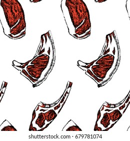 Vector seamless pattern with hand drawn raw meat chops. Hand drawn food illustration. Beautiful design elements, charcoal drawing
